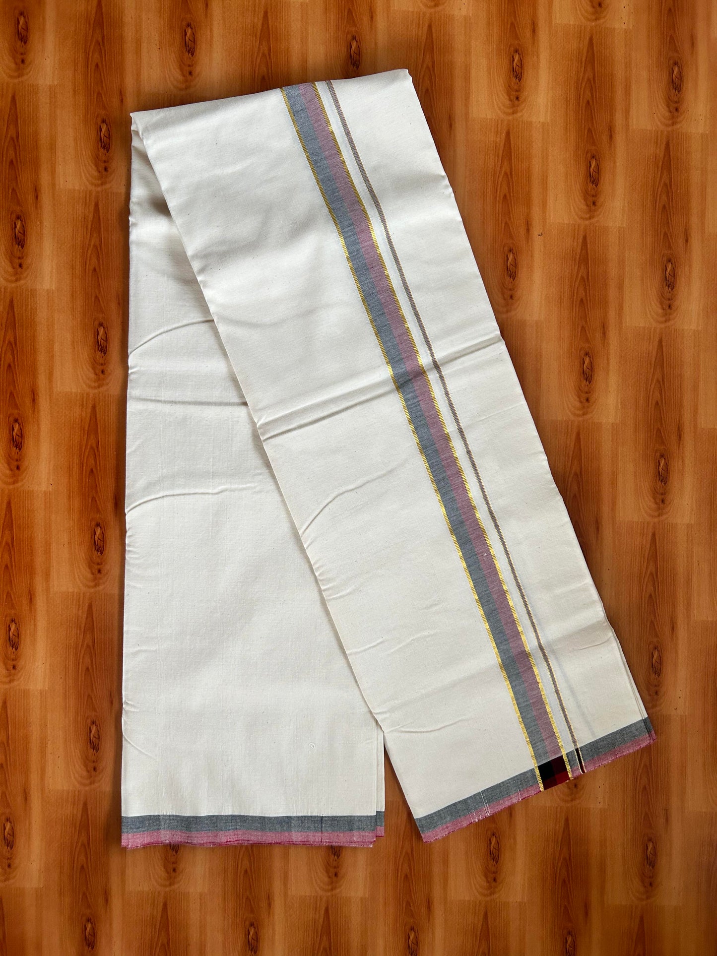 Signature Kaitharikada Exclusive Single Dhoti - 100% Cotton Kerala Handloom Single Mundu/Dhoti - Off White - (Unbleached) 1.25 Inch Gold Kasav Maroon & Black Shaded Kara (2 meters / 4 muzham) - 7 KK5464 KAI