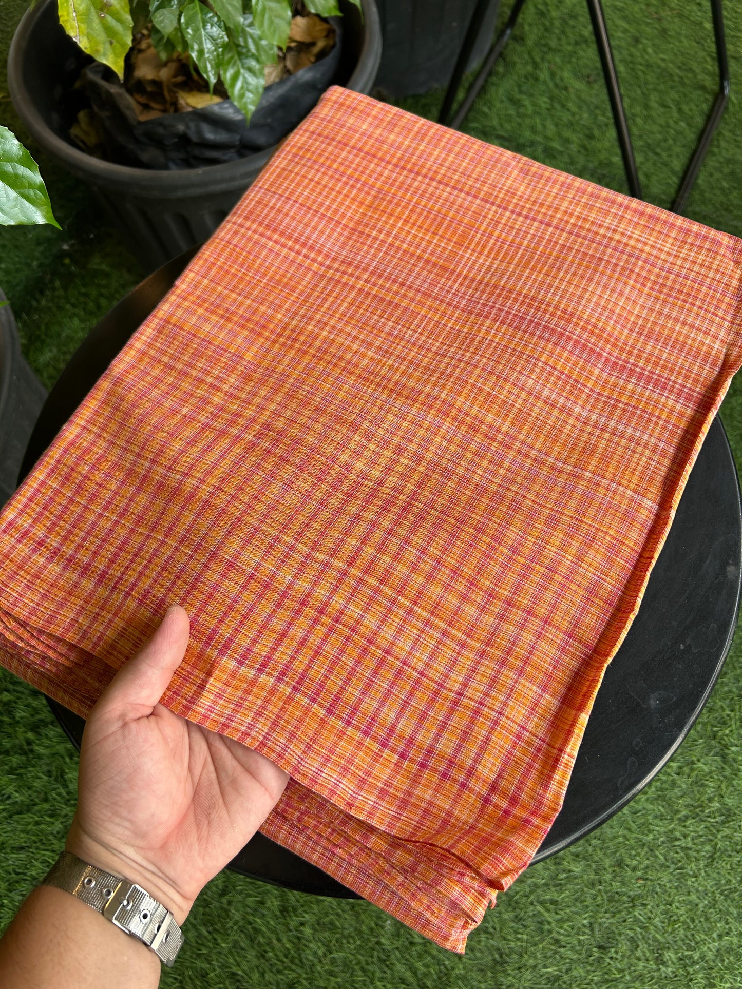 Handloom Khadi - Original Kerala Cotton Material - Kaitharikada Exclusive Product - Orange & Magenta colour Shirt Material 2.5x1.27(m) (₹ 649 per meter) - 1 KK7011 ELA