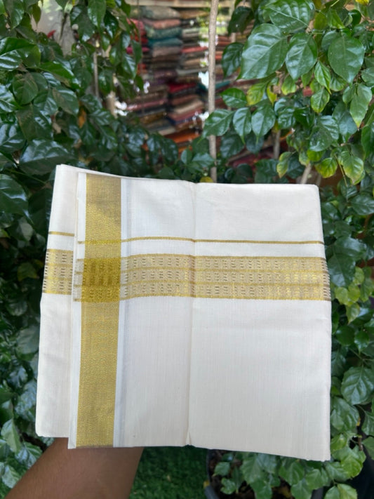 KaithariKada Balaramapuram Pure Cotton DOUBLE OFF WHITE - (Ubleached) Mundu/Dhoti - 60s - 1.5 inch Gold Kasav Jacquard Design Kara 4 mtr (8.5 muzham) - 11 KK5281 GAN