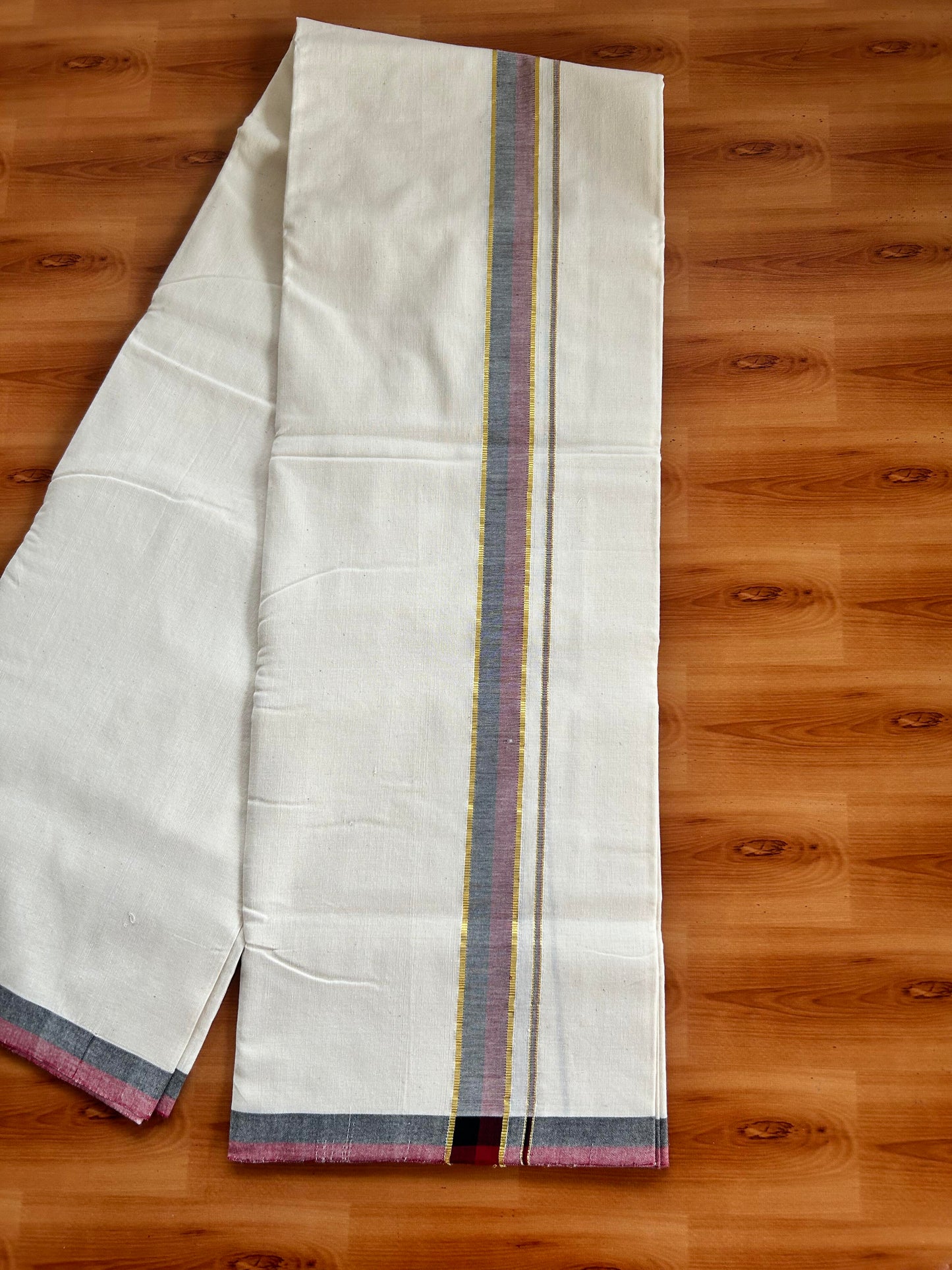 Signature Kaitharikada Exclusive Single Dhoti - 100% Cotton Kerala Handloom Single Mundu/Dhoti - Off White - (Unbleached) 1.25 Inch Gold Kasav Maroon & Black Shaded Kara (2 meters / 4 muzham) - 7 KK5464 KAI