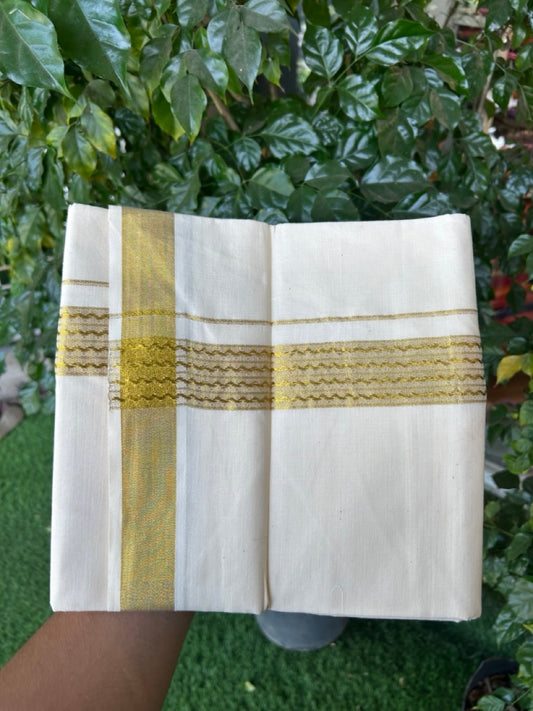KaithariKada Balaramapuram Pure Cotton DOUBLE OFF WHITE - (Ubleached) Mundu/Dhoti - 60s - 1.5 inch Gold Kasav Jacquard Design Kara 4 mtr (8.5 muzham) - 10 KK5281 GAN