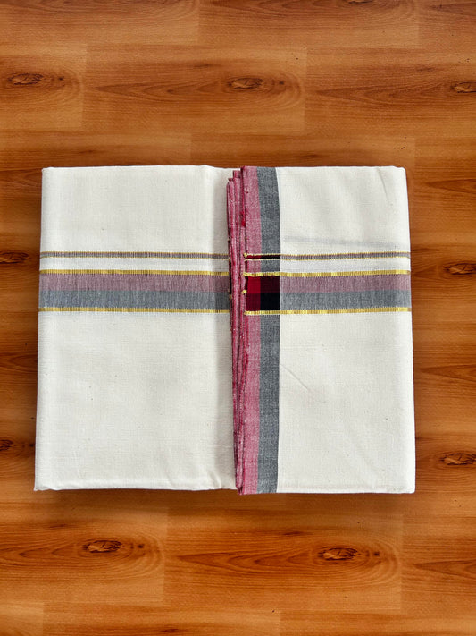 Signature Kaitharikada Exclusive Single Dhoti - 100% Cotton Kerala Handloom Single Mundu/Dhoti - Off White - (Unbleached) 1.25 Inch Gold Kasav Maroon & Black Shaded Kara (2 meters / 4 muzham) - 7 KK5464 KAI