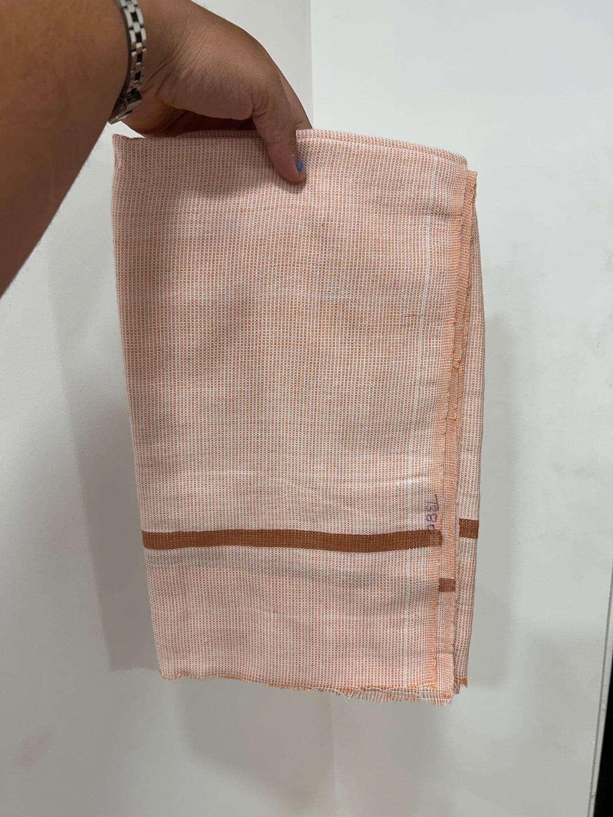Kaitharikada - Handloom Pure Cotton Kerala Towel - Thorthu - (20x20s) - Pale Orange White Body & Brown Kara - 8 KK10001 KAL