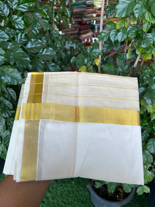 20% DISCOUNT! Kaitharikada Balaramapuram 100% Cotton OFF WHITE Double Mundu/Dothi - 60s - Half Tissue 8 Inch Gold Kasav Stripes Kara 4 mtr (8.5 muzham) - 4 KK5281 GAN