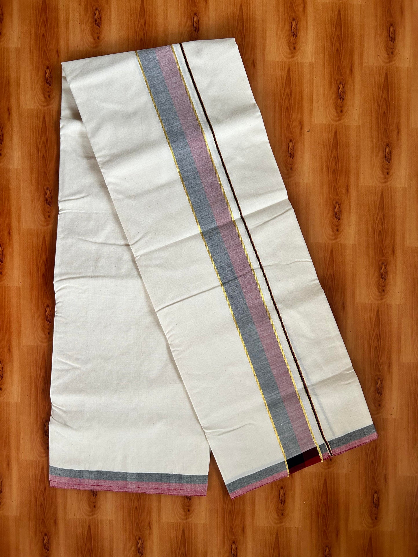 Signature Kaitharikada Exclusive Single Dhoti - 100% Cotton Kerala Handloom Single Mundu/Dhoti - Off White - (Unbleached) 2 Inch Gold Kasav Maroon & Black Shaded Kara (2 meters / 4 muzham) - 8 KK5464 KAI