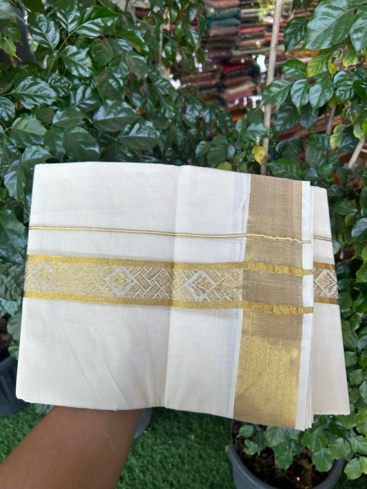 KaithariKada Balaramapuram Pure Cotton DOUBLE OFF WHITE - (Ubleached) Mundu/Dhoti - 60s - 1.75 inch Gold Kasav Jacquard Design Kara 4 mtr (8.5 muzham) - 17 KK5281 GAN
