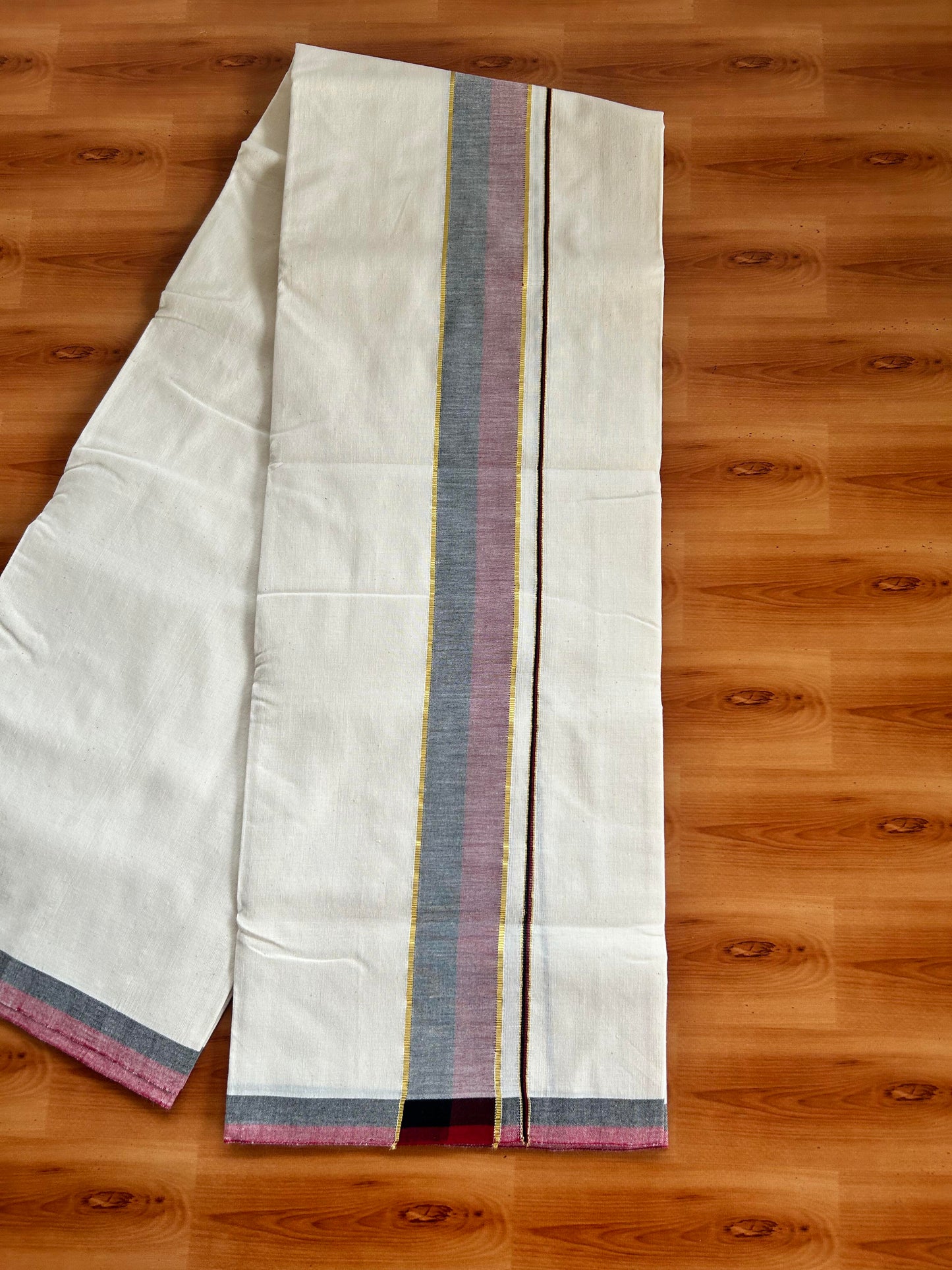 Signature Kaitharikada Exclusive Single Dhoti - 100% Cotton Kerala Handloom Single Mundu/Dhoti - Off White - (Unbleached) 2 Inch Gold Kasav Maroon & Black Shaded Kara (2 meters / 4 muzham) - 8 KK5464 KAI