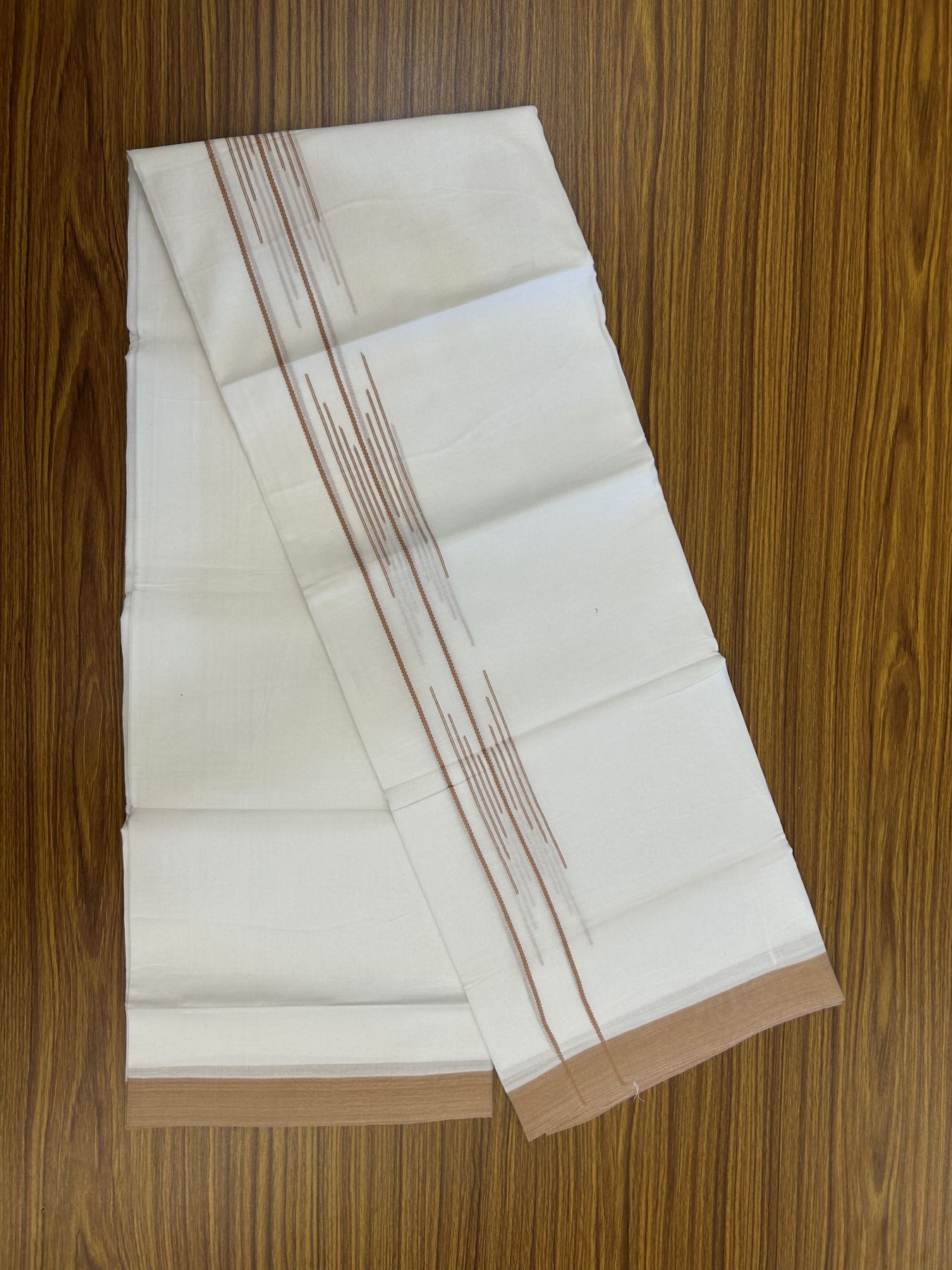 20% Discount ! Kaitharikada Balaramapuram 100% Cotton Pure White Double Mundu/Dothi - 100x80 - 1.5 inch Brownish Orange Stripes Design Kara 3.80 mtr (8 muzham) - 16 KK5319 THI