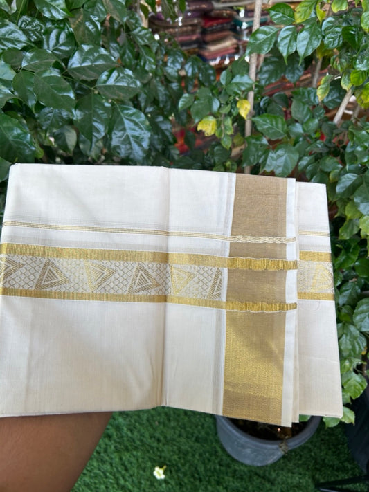 KaithariKada Balaramapuram Pure Cotton DOUBLE OFF WHITE - (Ubleached) Mundu/Dhoti - 60s - 1.75 inch Gold Kasav Jacquard Big Design Kara 4 mtr (8.5 muzham) - 15 KK5281 GAN