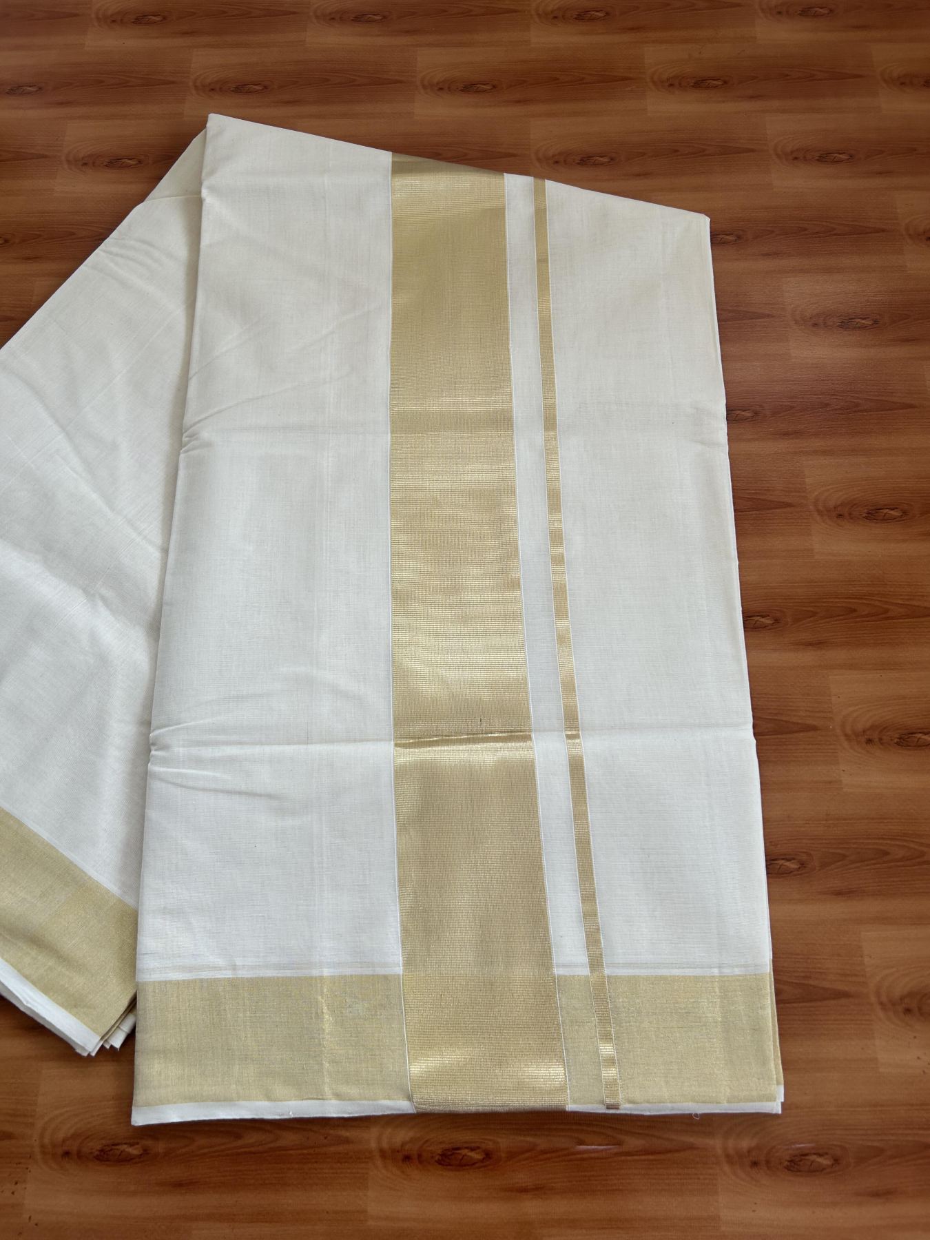 Kerala Saree for Women - 25% Discount KaithariKada Handloom Millpaav Balaramapuram - 100% Pure Cotton - 3 inch Gold & Silver Kasav striped Kara - 10 KK7158 RAV
