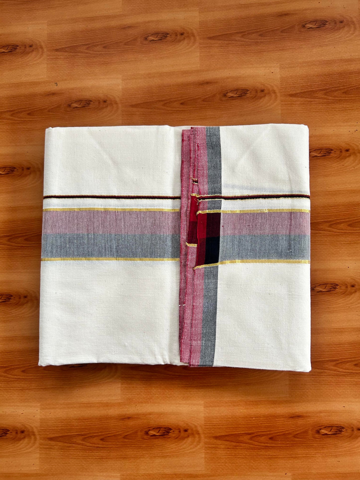 Signature Kaitharikada Exclusive Single Dhoti - 100% Cotton Kerala Handloom Single Mundu/Dhoti - Off White - (Unbleached) 2 Inch Gold Kasav Maroon & Black Shaded Kara (2 meters / 4 muzham) - 8 KK5464 KAI