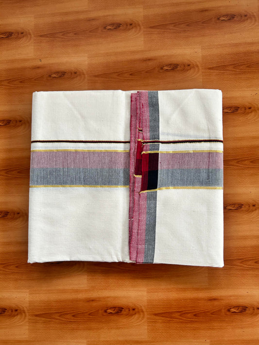 Signature Kaitharikada Exclusive Single Dhoti - 100% Cotton Kerala Handloom Single Mundu/Dhoti - Off White - (Unbleached) 2 Inch Gold Kasav Maroon & Black Shaded Kara (2 meters / 4 muzham) - 8 KK5464 KAI