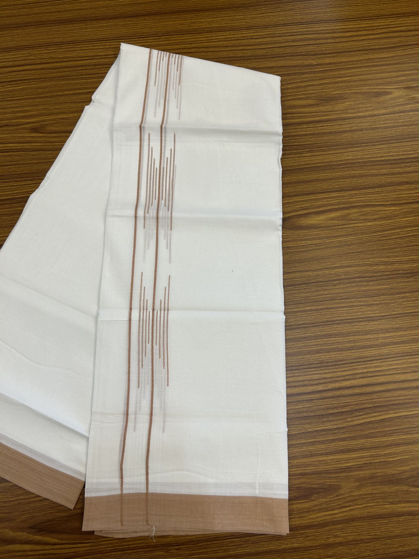 20% Discount ! Kaitharikada Balaramapuram 100% Cotton Pure White Double Mundu/Dothi - 100x80 - 1.5 inch Brownish Orange Stripes Design Kara 3.80 mtr (8 muzham) - 16 KK5319 THI