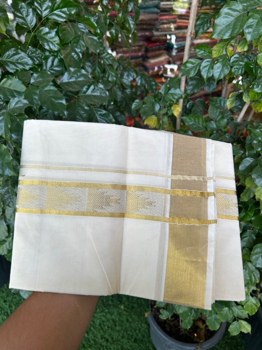 KaithariKada Balaramapuram Pure Cotton DOUBLE OFF WHITE - (Ubleached) Mundu/Dhoti - 60s - 1.75 inch Gold Kasav Jacquard Temple Big Design Kara 4 mtr (8.5 muzham) - 14 KK5281 GAN