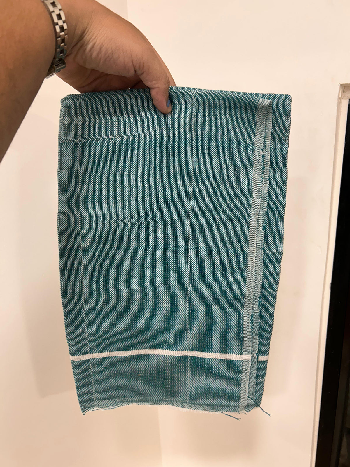 Kaitharikada - Handloom Pure Cotton Kerala Towel - Thorthu - (20x20s) - Green White Body & White Kara - 9 KK10001 KAL