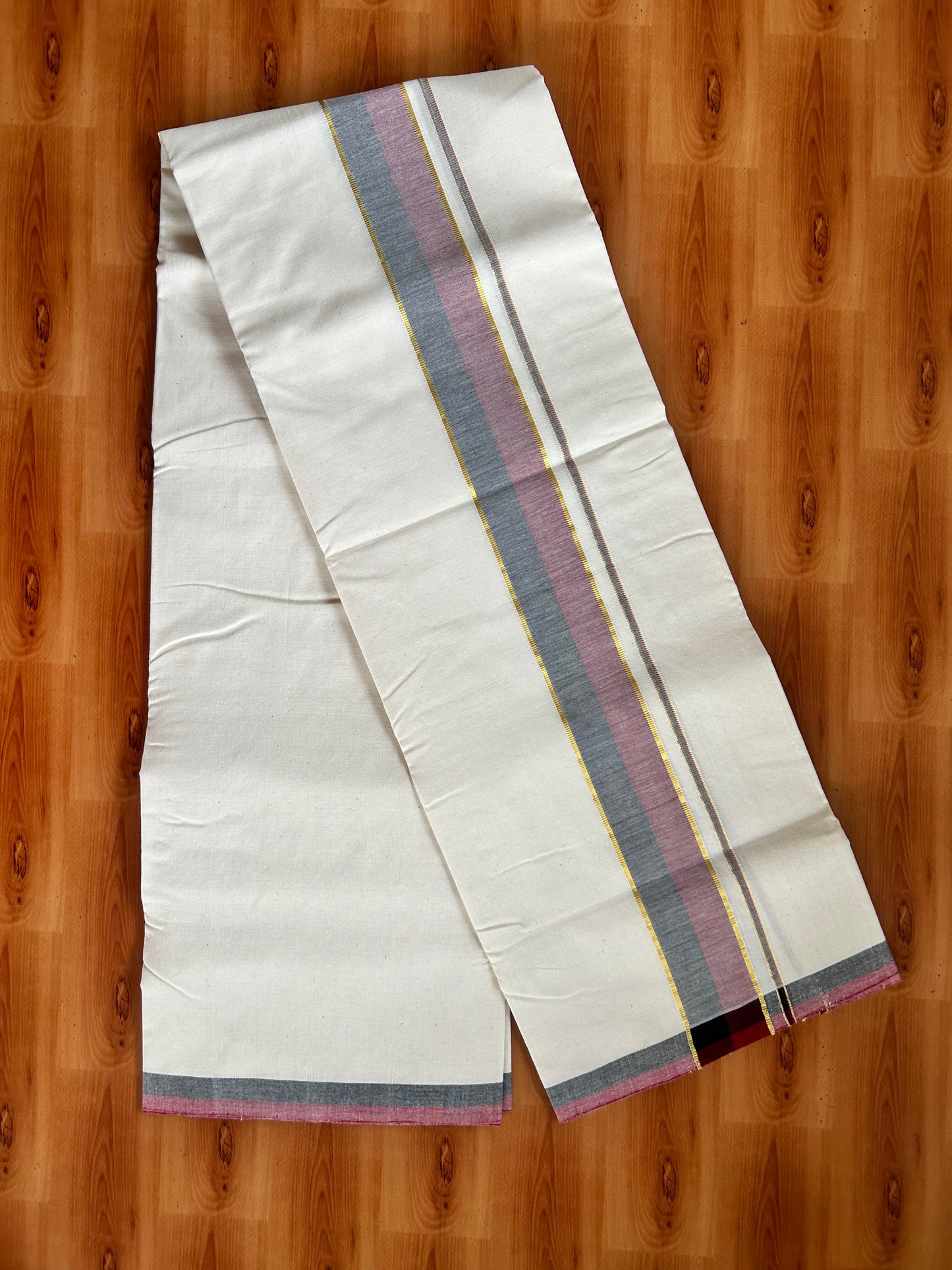 Signature Kaitharikada Exclusive Single Dhoti - 100% Cotton Kerala Handloom Single Mundu/Dhoti - Off White - (Unbleached) 2 Inch Gold Kasav Maroon & Black Shaded Kara (2 meters / 4 muzham) - 9 KK5464 KAI