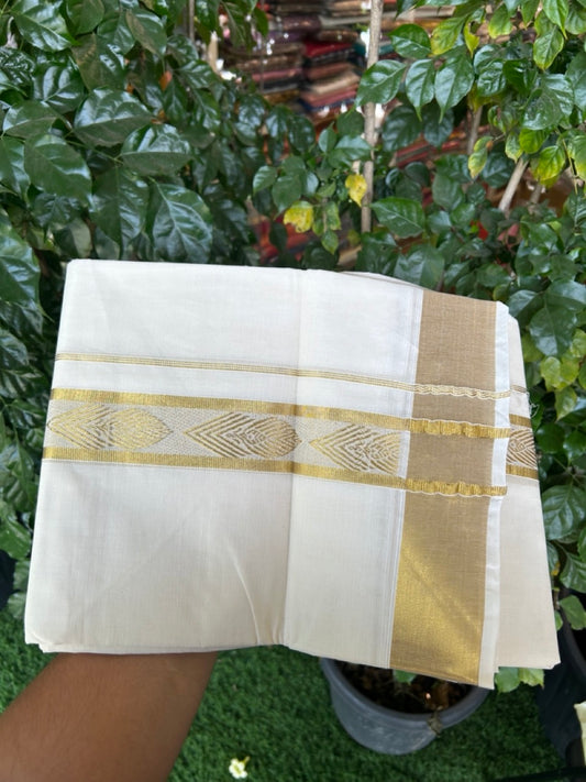 KaithariKada Balaramapuram Pure Cotton DOUBLE OFF WHITE - (Ubleached) Mundu/Dhoti - 60s - 1.75 inch Gold Kasav Jacquard Big Design Kara 4 mtr (8.5 muzham) - 13 KK5281 GAN