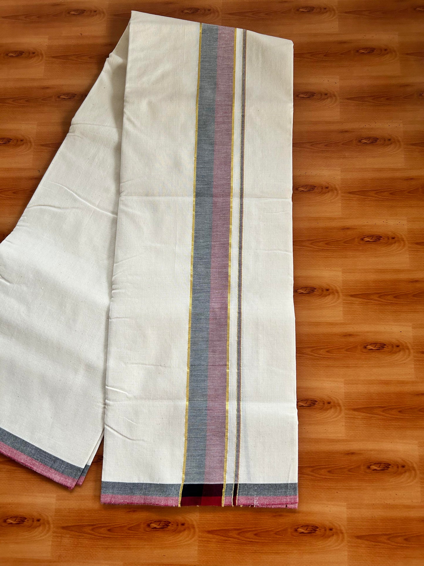 Signature Kaitharikada Exclusive Single Dhoti - 100% Cotton Kerala Handloom Single Mundu/Dhoti - Off White - (Unbleached) 2 Inch Gold Kasav Maroon & Black Shaded Kara (2 meters / 4 muzham) - 9 KK5464 KAI