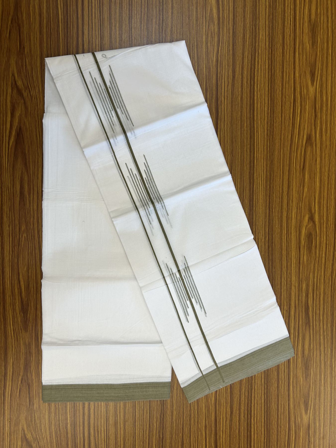 20% Discount ! Kaitharikada Balaramapuram 100% Cotton Pure White Double Mundu/Dothi - 100x80 - 1.5 inch Olive Green Stripes Design Kara 3.80 mtr (8 muzham) - 17 KK5319 THI