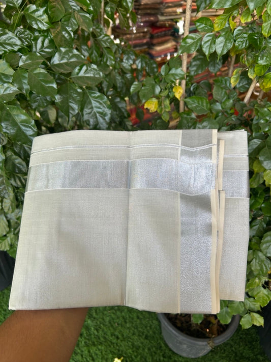 20% Discount! KaithariKada Balaramapuram Cotton Mix (60)s - Silver Kasav TISSUE Double Dhoti/Mund 1.5 inch Silver kara 4 mtr (8.5 muzham) - 18 KK5281 GAN