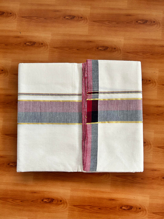 Signature Kaitharikada Exclusive Single Dhoti - 100% Cotton Kerala Handloom Single Mundu/Dhoti - Off White - (Unbleached) 2 Inch Gold Kasav Maroon & Black Shaded Kara (2 meters / 4 muzham) - 9 KK5464 KAI