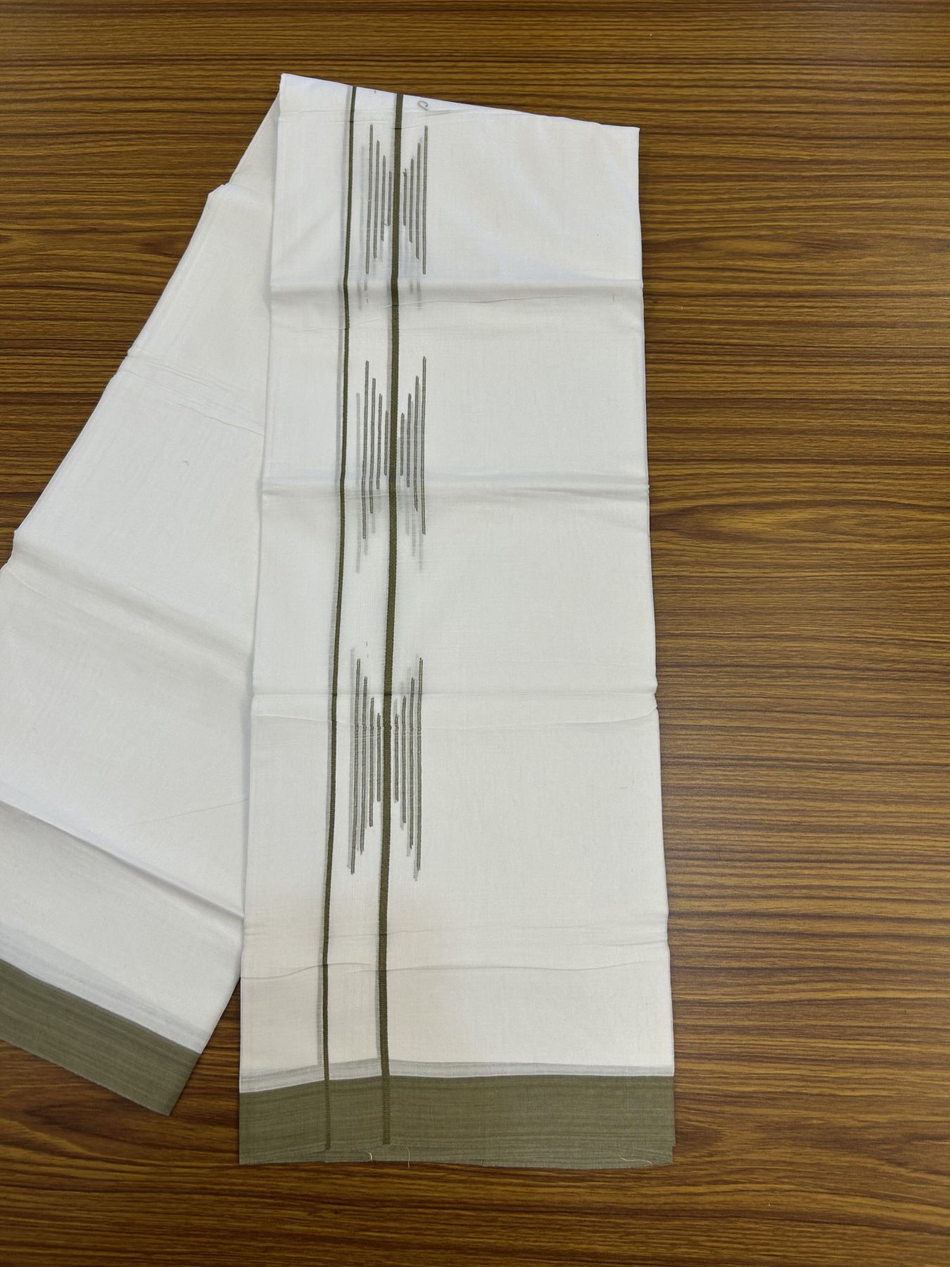 20% Discount ! Kaitharikada Balaramapuram 100% Cotton Pure White Double Mundu/Dothi - 100x80 - 1.5 inch Olive Green Stripes Design Kara 3.80 mtr (8 muzham) - 17 KK5319 THI