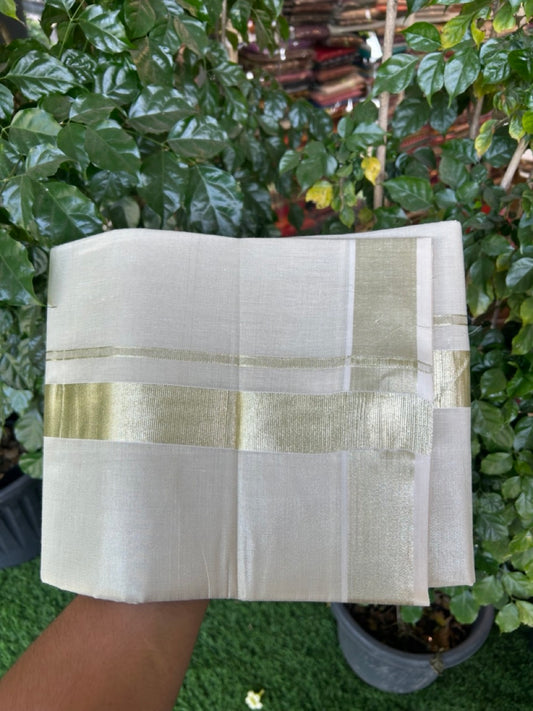 20% Discount! KaithariKada Balaramapuram Cotton Mix (60)s - Light Gold Kasav TISSUE Double Dhoti/Mund 1.5 inch Light Gold kara 4 mtr (8.5 muzham) - 19 KK5281 GAN