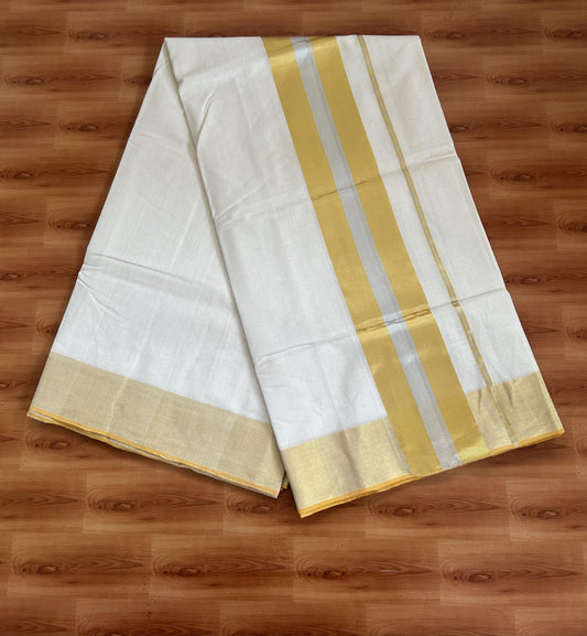 Kerala Saree for Women - 25% Discount KaithariKada Handloom Millpaav Balaramapuram - 100% Pure Cotton - 4 inch Gold & Silver Kasav striped Kara - 16 KK7158 RAV
