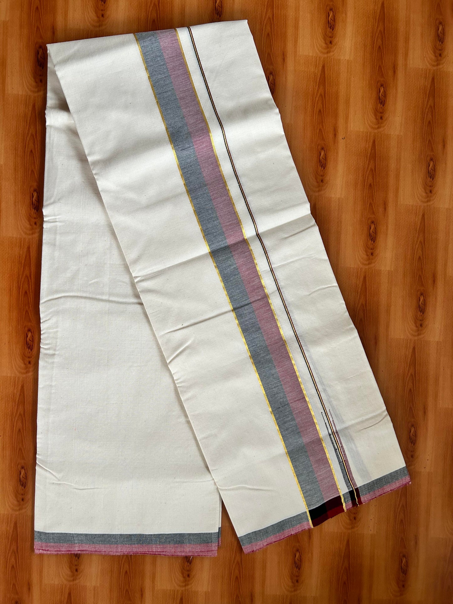 Signature Kaitharikada Exclusive Single Dhoti - 100% Cotton Kerala Handloom Single Mundu/Dhoti - Off White - (Unbleached) 2 Inch Gold Kasav Maroon & Black Shaded Chutty Kara (2 meters / 4 muzham) - 10 KK5464 KAI