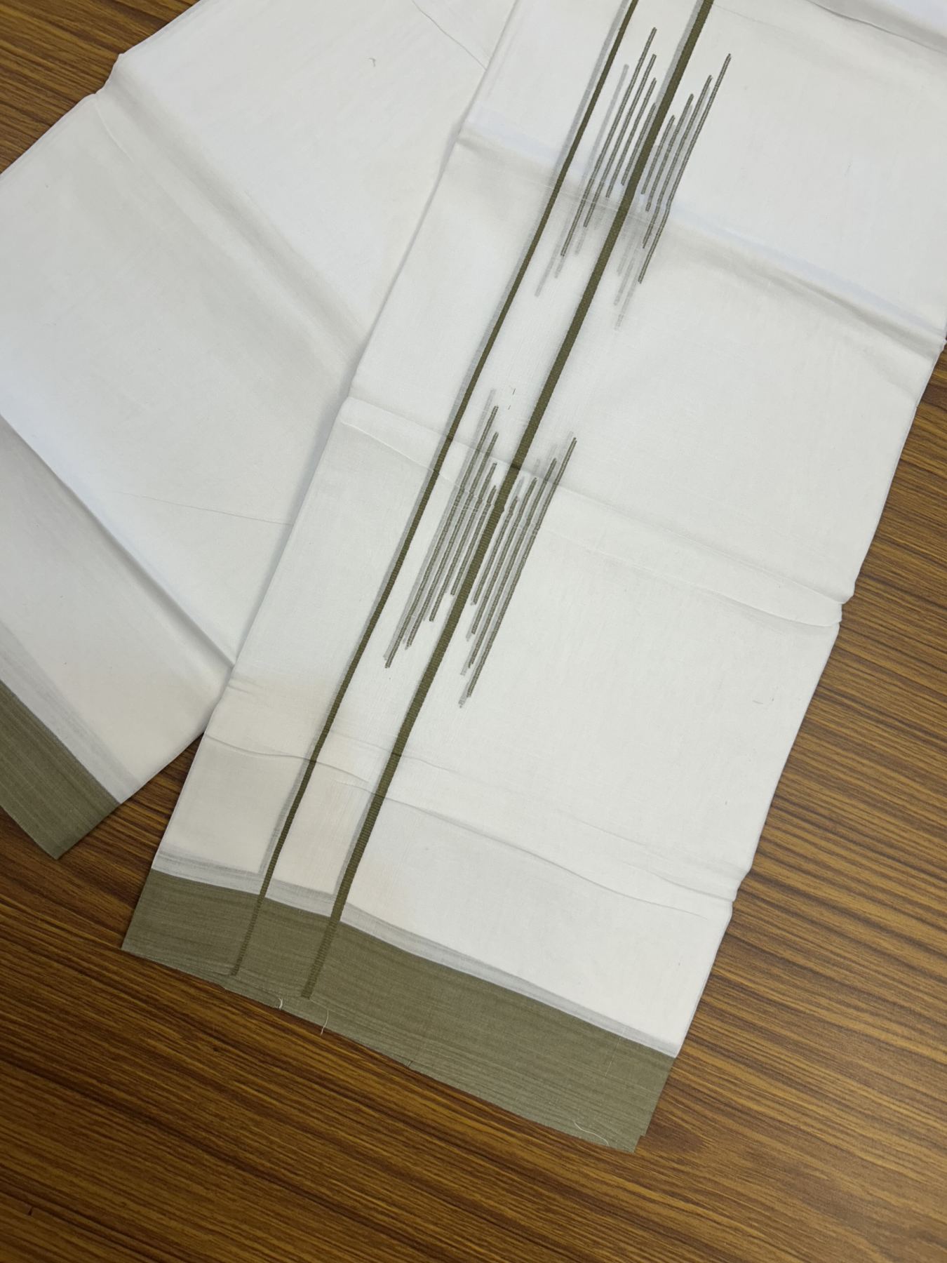 20% Discount ! Kaitharikada Balaramapuram 100% Cotton Pure White Double Mundu/Dothi - 100x80 - 1.5 inch Olive Green Stripes Design Kara 3.80 mtr (8 muzham) - 17 KK5319 THI