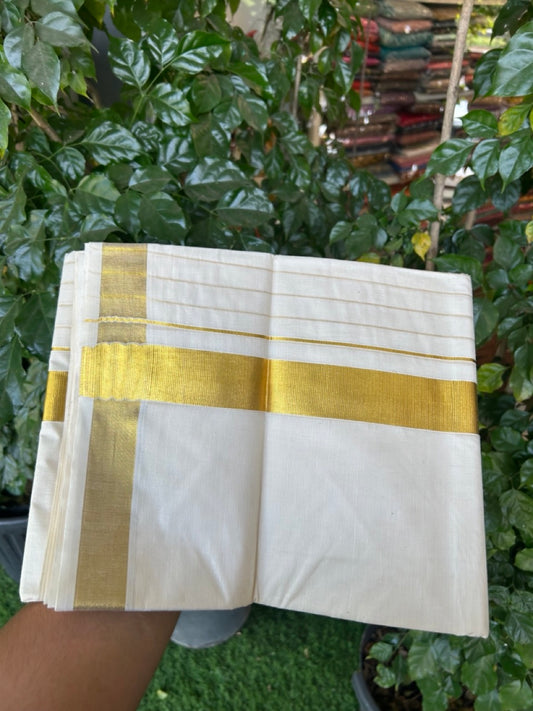20% DISCOUNT! Kaitharikada Balaramapuram 100% Cotton OFF WHITE Double Mundu/Dothi - 60s - 8 Inch Gold Kasav Stripes Kara 4 mtr (8.5 muzham) - 5 KK5281 GAN