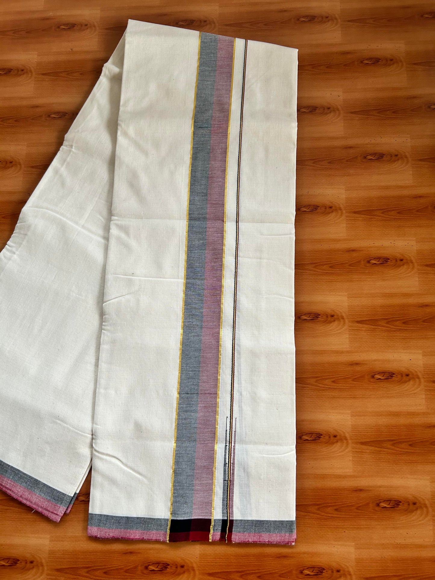 Signature Kaitharikada Exclusive Single Dhoti - 100% Cotton Kerala Handloom Single Mundu/Dhoti - Off White - (Unbleached) 2 Inch Gold Kasav Maroon & Black Shaded Chutty Kara (2 meters / 4 muzham) - 10 KK5464 KAI