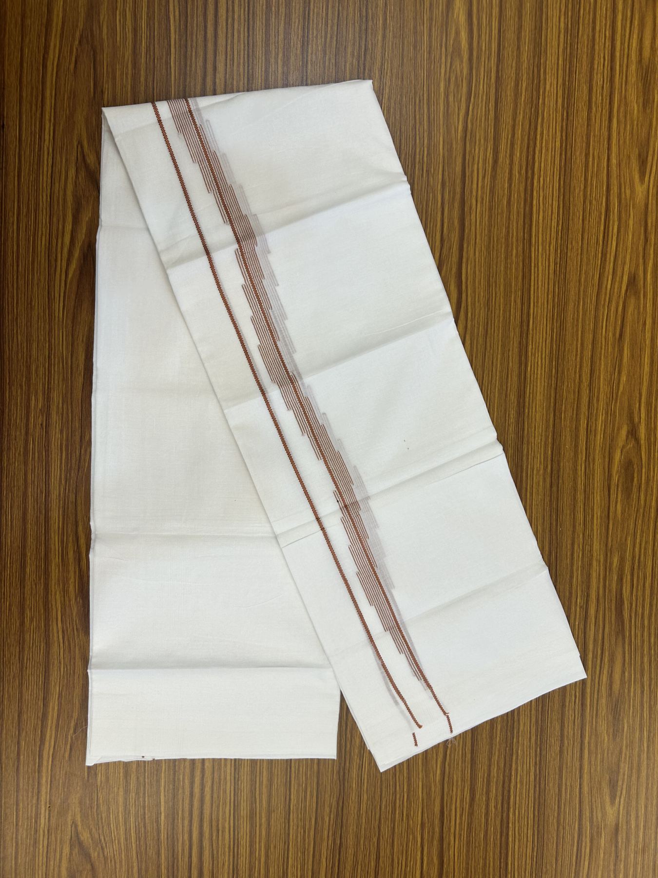 20% Discount ! Kaitharikada Balaramapuram 100% Cotton Pure White Double Mundu/Dothi - 100x80 - 0.75 inch Brick Orange Stripes Design Kara 3.80 mtr (8 muzham) - 30 KK5319 THI