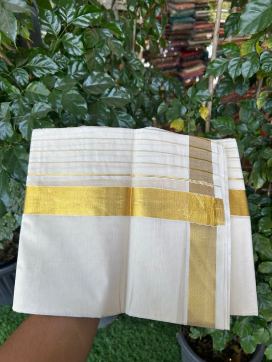 20% DISCOUNT! Kaitharikada Balaramapuram 100% Cotton OFF WHITE Double Mundu/Dothi - 60s - 8 Inch Gold Kasav Stripes Kara 4 mtr (8.5 muzham) - 6 KK5281 GAN