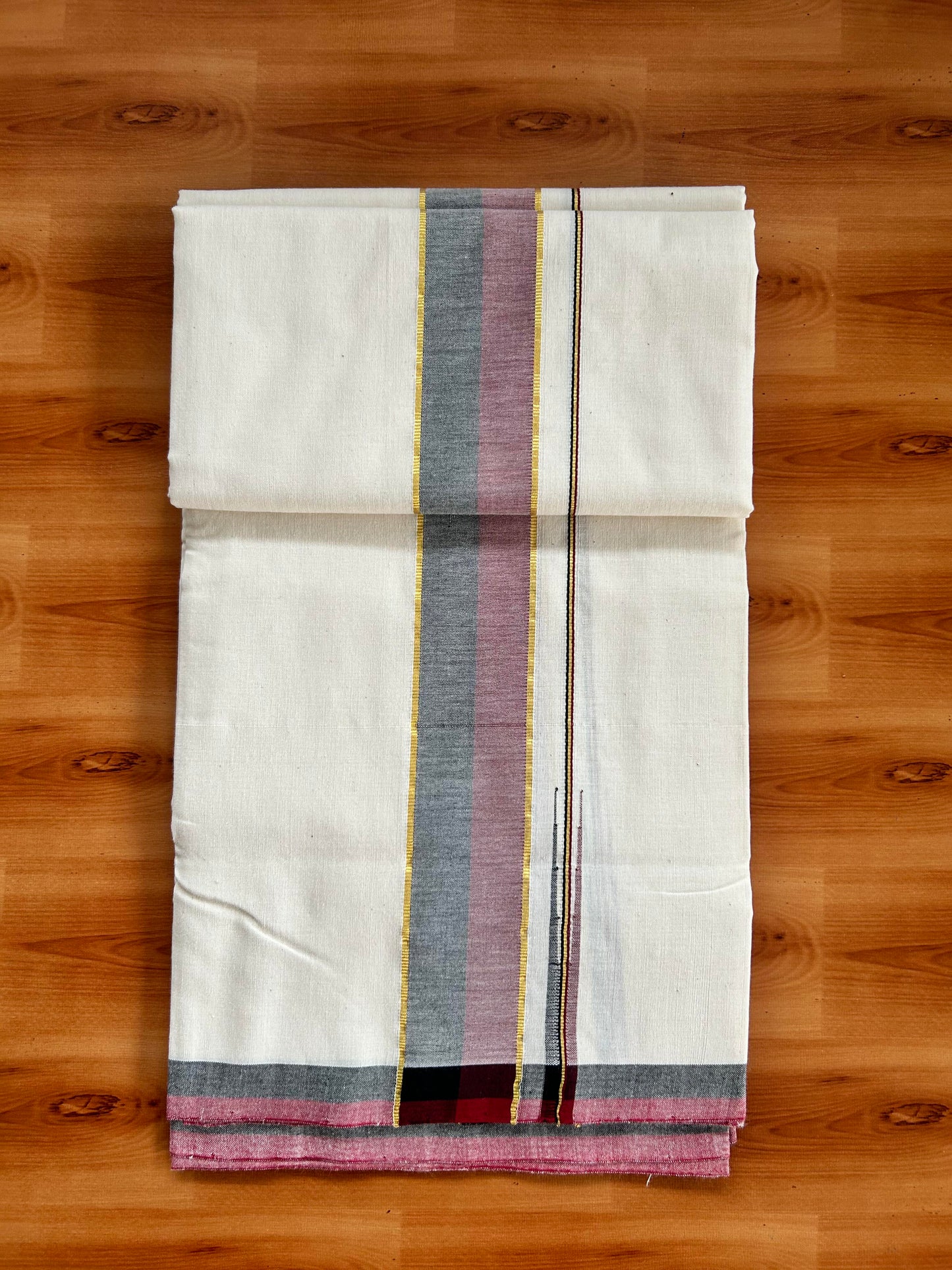 Signature Kaitharikada Exclusive Single Dhoti - 100% Cotton Kerala Handloom Single Mundu/Dhoti - Off White - (Unbleached) 2 Inch Gold Kasav Maroon & Black Shaded Chutty Kara (2 meters / 4 muzham) - 10 KK5464 KAI
