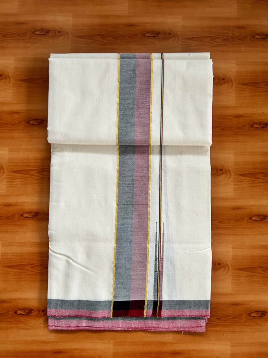 Signature Kaitharikada Exclusive Single Dhoti - 100% Cotton Kerala Handloom Single Mundu/Dhoti - Off White - (Unbleached) 2 Inch Gold Kasav Maroon & Black Shaded Chutty Kara (2 meters / 4 muzham) - 10 KK5464 KAI
