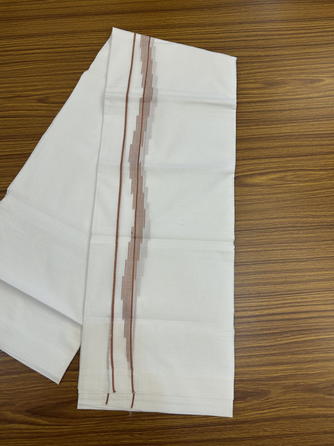 20% Discount ! Kaitharikada Balaramapuram 100% Cotton Pure White Double Mundu/Dothi - 100x80 - 0.75 inch Brick Orange Stripes Design Kara 3.80 mtr (8 muzham) - 30 KK5319 THI