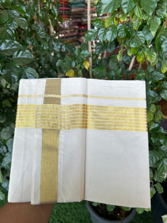 20% DISCOUNT!! KaithariKada Balaramapuram Pure Cotton DOUBLE OFF WHITE - (Ubleached) Mundu/Dhoti - 80x80 - 1.75 inch Kasav Stripes Kara 4 mtr (8.5 muzham) - 7 KK5281 GAN