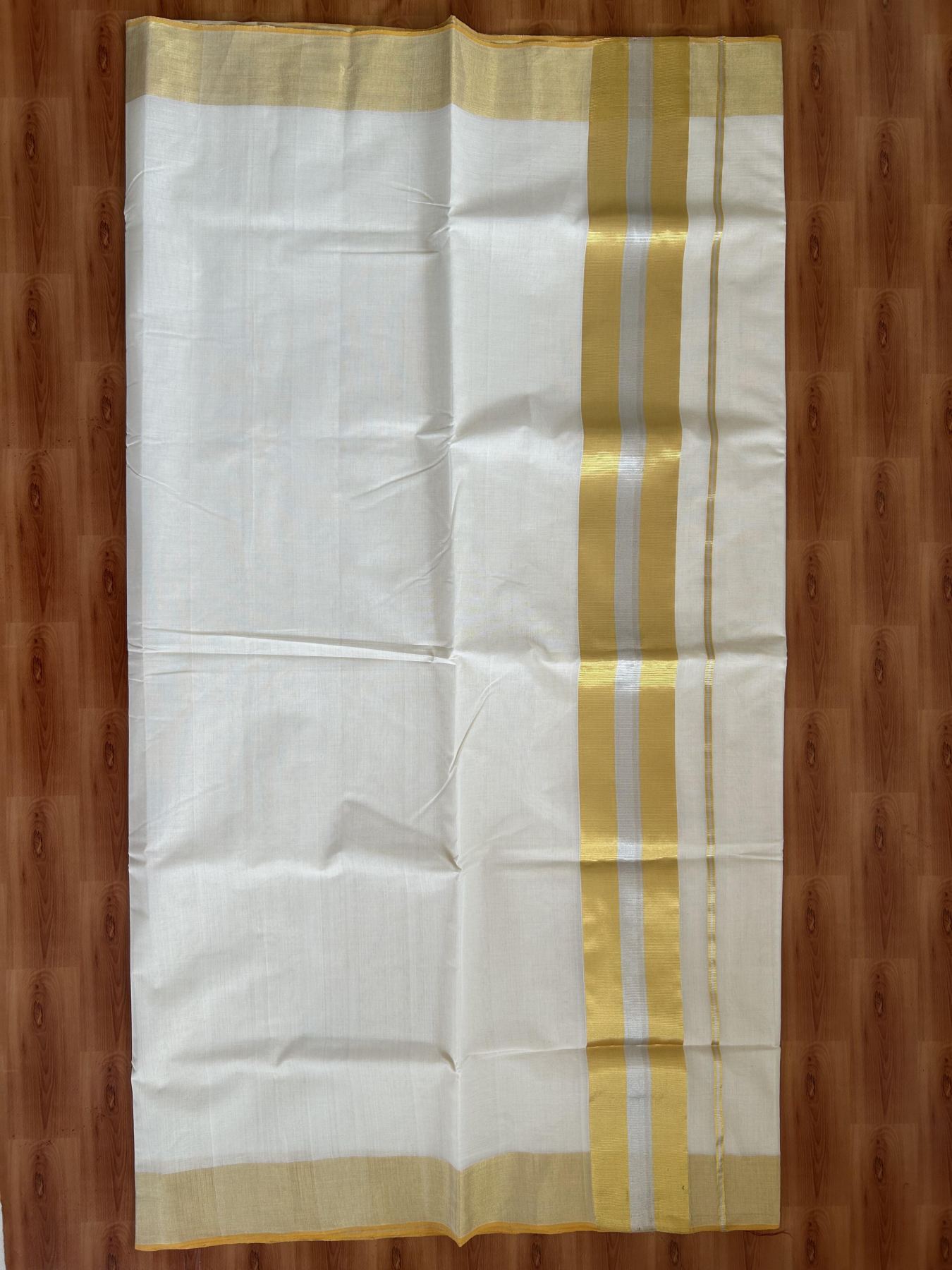 Kerala Saree for Women - 25% Discount KaithariKada Handloom Millpaav Balaramapuram - 100% Pure Cotton - 4 inch Gold & Silver Kasav striped Kara - 16 KK7158 RAV