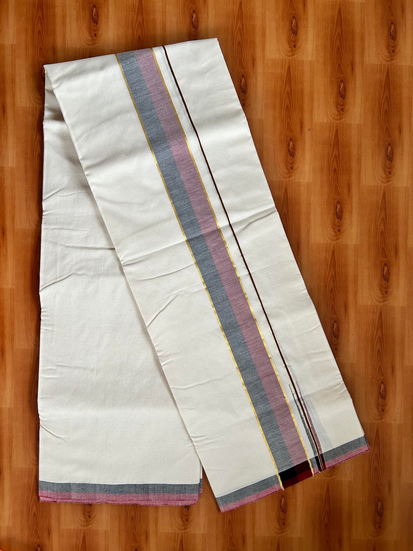 Signature Kaitharikada Exclusive Single Dhoti - 100% Cotton Kerala Handloom Single Mundu/Dhoti - Off White - (Unbleached) 2 Inch Gold Kasav Maroon & Black Shaded Chutty Kara (2 meters / 4 muzham) - 11 KK5464 KAI
