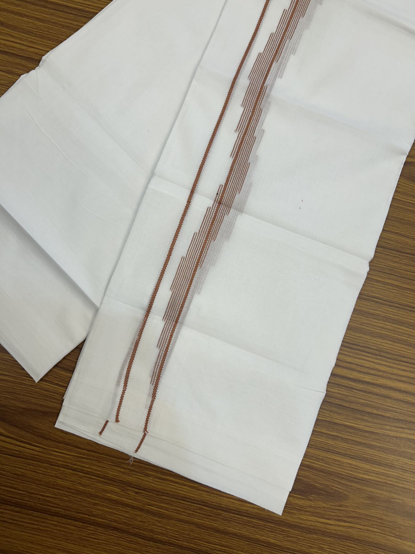 20% Discount ! Kaitharikada Balaramapuram 100% Cotton Pure White Double Mundu/Dothi - 100x80 - 0.75 inch Brick Orange Stripes Design Kara 3.80 mtr (8 muzham) - 30 KK5319 THI