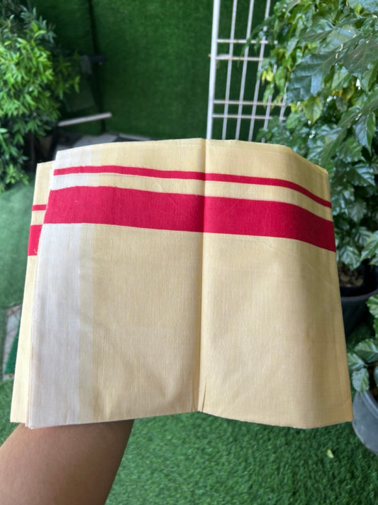 Kannur Yellow Dhoti - 20% Discount! KaithariKada Balaramapuram  Double Mundu/Dhoti - Pure Cotton - 80x90 - Kannur Yellow colour Body 1.25 Inch Red kara - 4 mtr - 1 KK5281 GAN