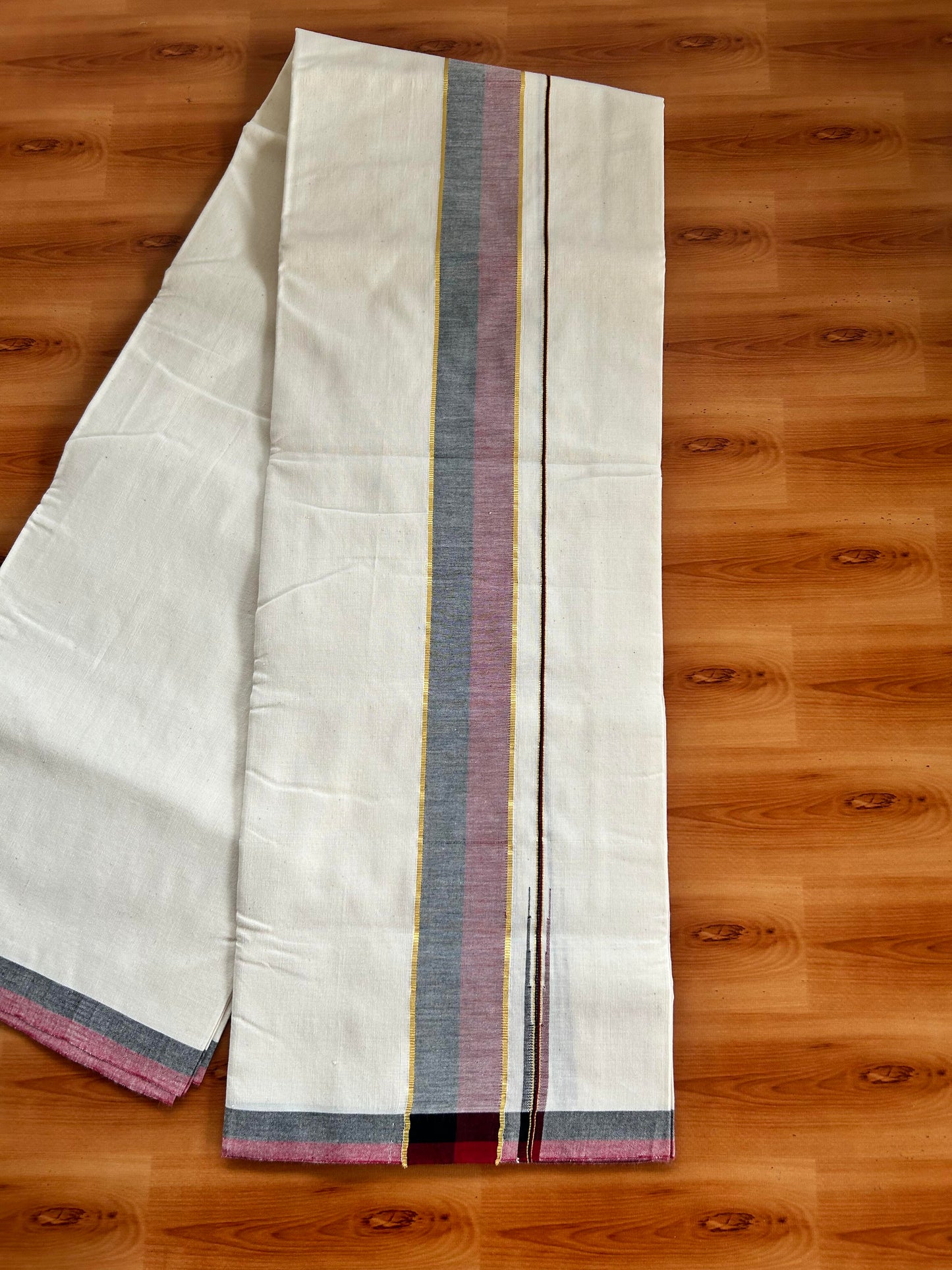 Signature Kaitharikada Exclusive Single Dhoti - 100% Cotton Kerala Handloom Single Mundu/Dhoti - Off White - (Unbleached) 2 Inch Gold Kasav Maroon & Black Shaded Chutty Kara (2 meters / 4 muzham) - 11 KK5464 KAI