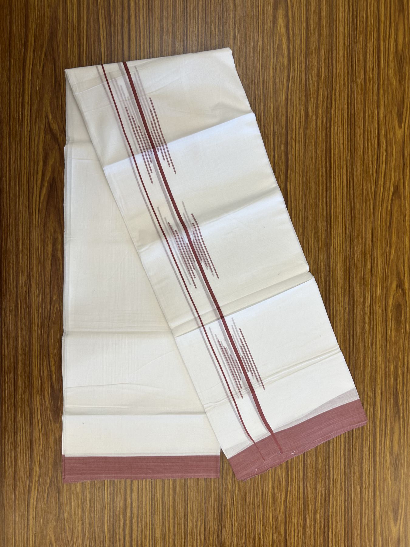 20% Discount ! Kaitharikada Balaramapuram 100% Cotton Pure White Double Mundu/Dothi - 100x80 - 1.5 inch Dusty Rose Stripes Design Kara 3.80 mtr (8 muzham) - 10 KK5319 THI