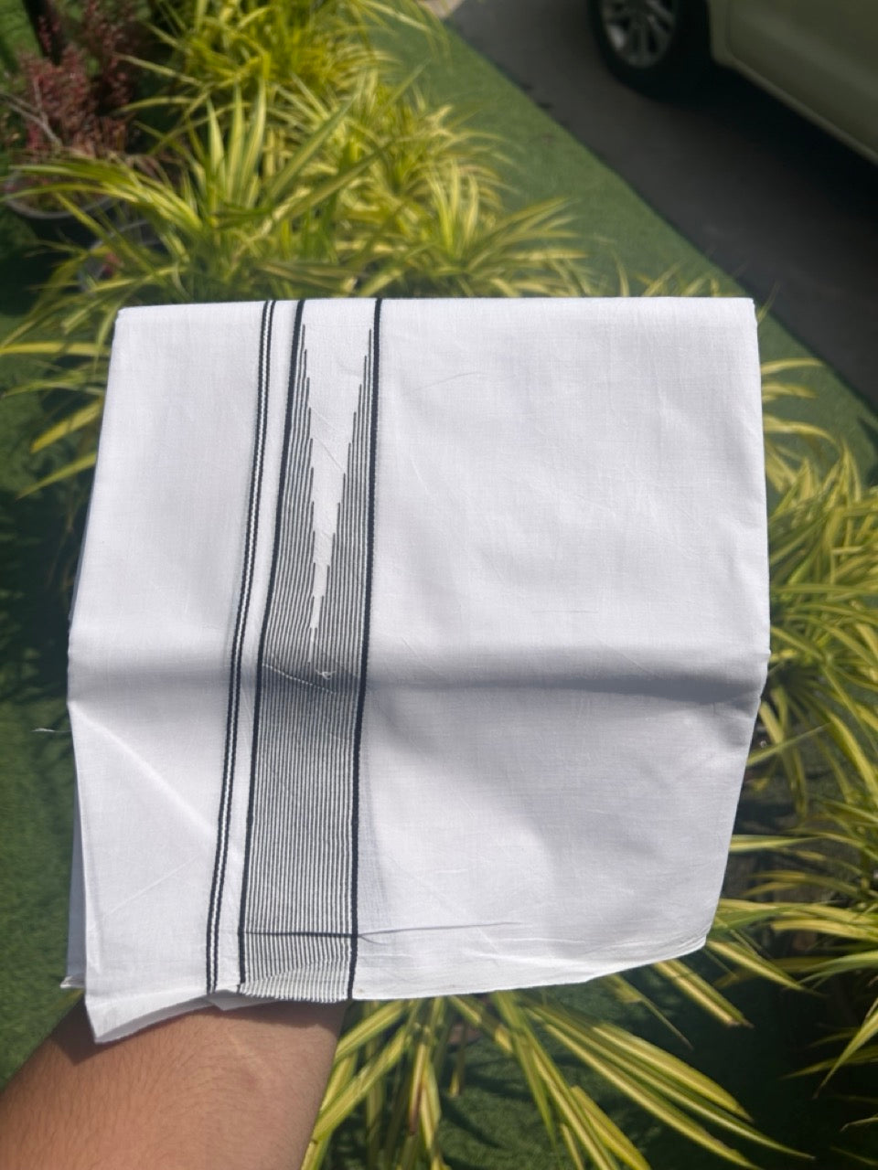 25% OFFER ! KaithariKada Balaramapuram 100% Cotton Double PURE WHITE - Mundu/Dhoti-100x100 1.65 INCH  Puliyilakkara Heavy Chutty Black Stripes - 7KK5127ASH