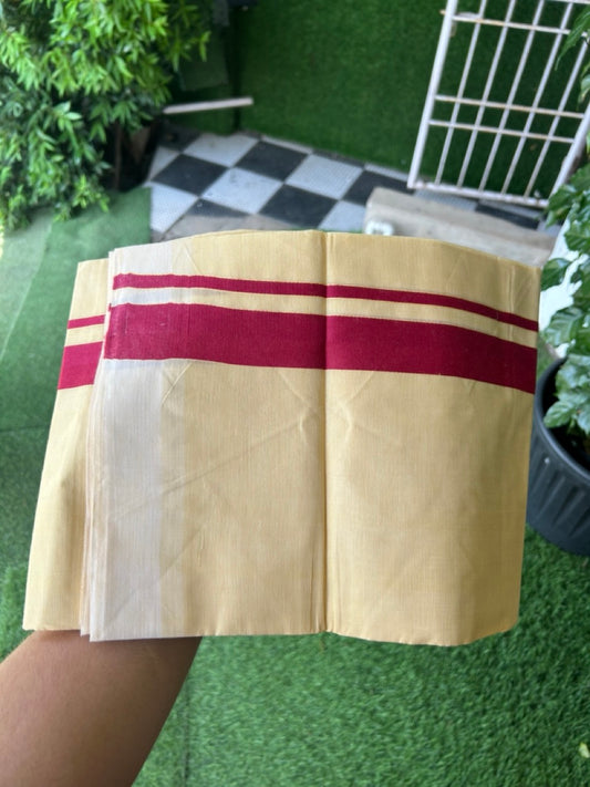Kannur Yellow Dhoti - 20% Discount! KaithariKada Balaramapuram  Double Mundu/Dhoti - Pure Cotton - 80x90 - Kannur Yellow colour Body 1.25 Inch Maroon kara - 4 mtr - 2 KK5281 GAN