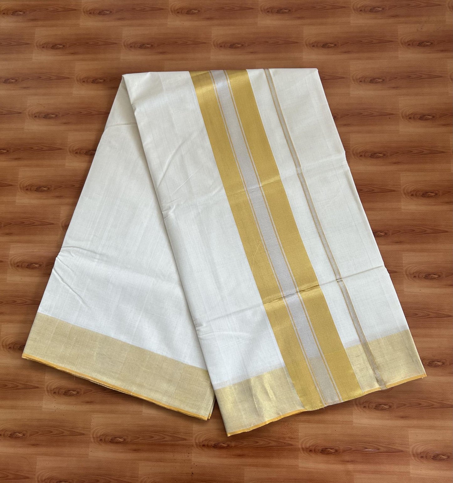 Kerala Saree for Women - 25% Discount KaithariKada Handloom Millpaav Balaramapuram - 100% Pure Cotton - 4 inch Gold & Silver Kasav striped Kara - 17 KK7158 RAV