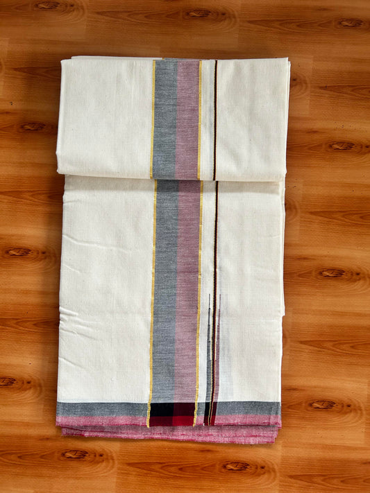 Signature Kaitharikada Exclusive Single Dhoti - 100% Cotton Kerala Handloom Single Mundu/Dhoti - Off White - (Unbleached) 2 Inch Gold Kasav Maroon & Black Shaded Chutty Kara (2 meters / 4 muzham) - 11 KK5464 KAI