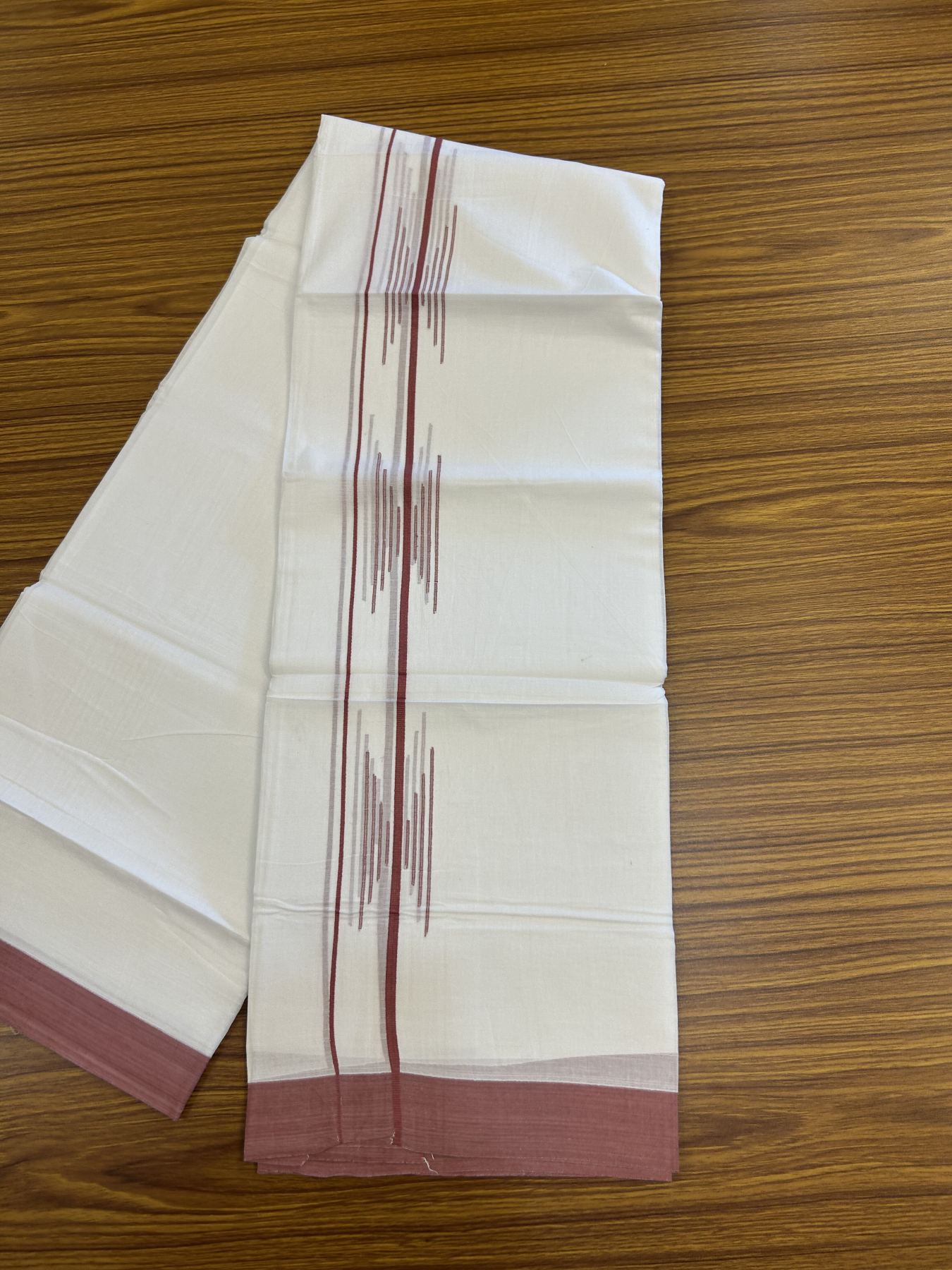 20% Discount ! Kaitharikada Balaramapuram 100% Cotton Pure White Double Mundu/Dothi - 100x80 - 1.5 inch Dusty Rose Stripes Design Kara 3.80 mtr (8 muzham) - 10 KK5319 THI