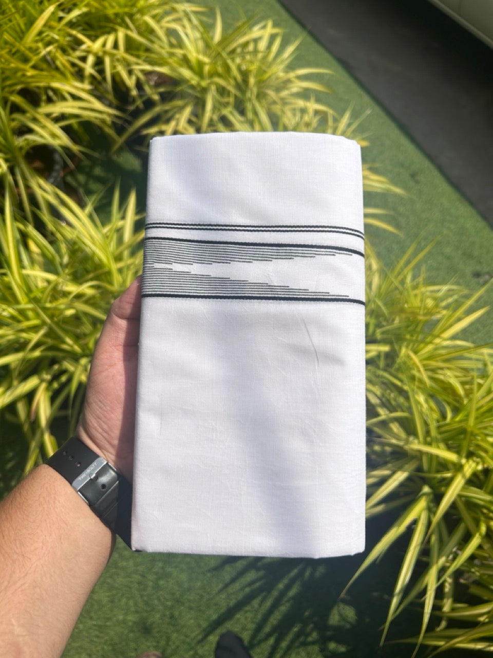 25% OFFER ! KaithariKada Balaramapuram 100% Cotton Double PURE WHITE - Mundu/Dhoti-100x100 1.65 INCH  Puliyilakkara Heavy Chutty Black Stripes - 7KK5127ASH